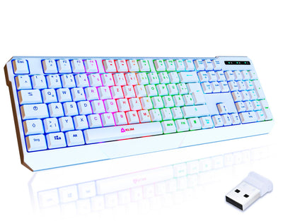 KLIM Chroma Wireless Gaming Tastatur Kabellos QWERTZ DEUTSCH - NEU 2024 - Langlebig, Ergonomisch, Wasserdicht, Leise - RGB Kabellose Tastatur Gaming für PC PS4 PS5 Mac - Weiß