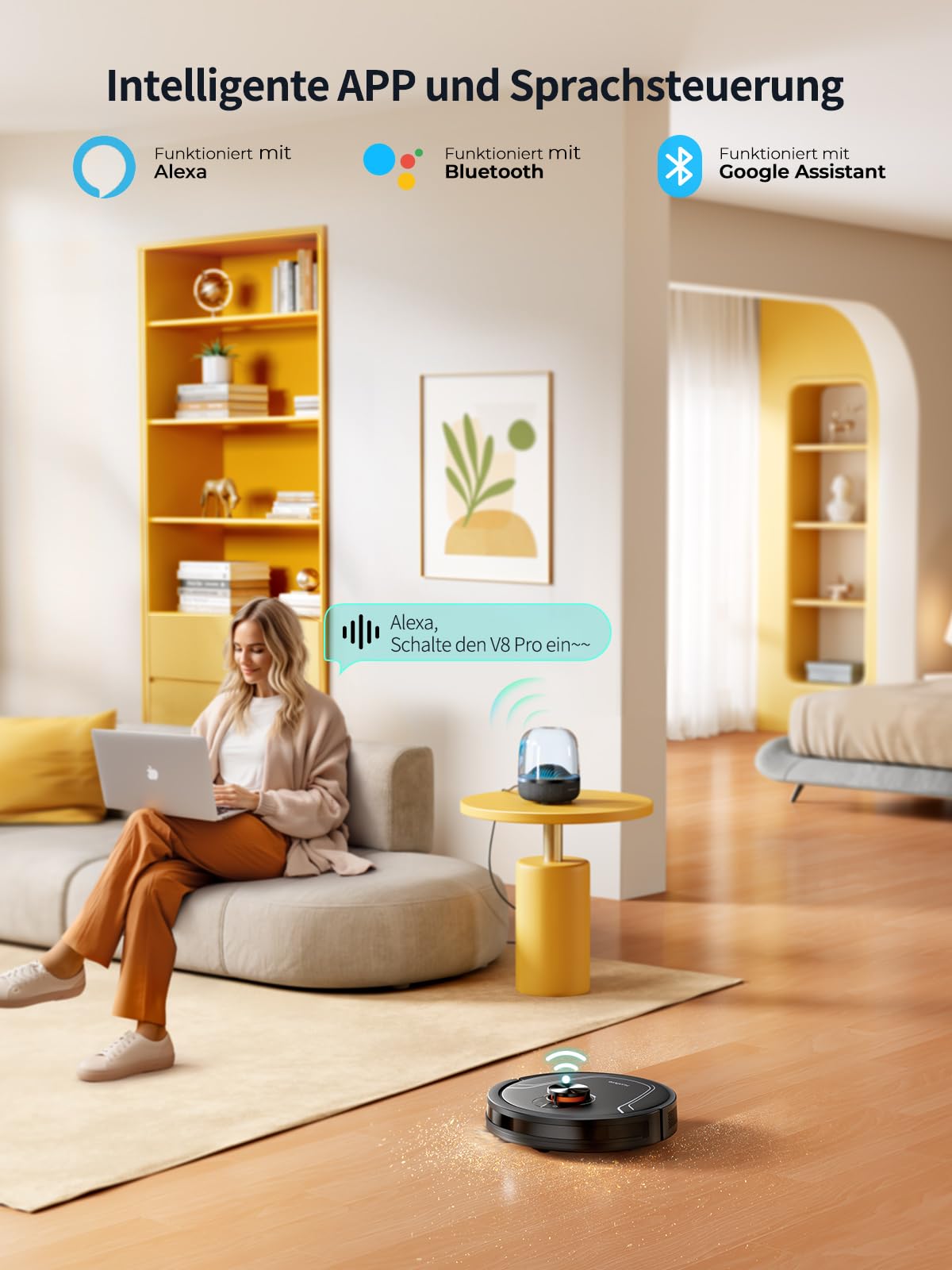 HONITURE Staubsauger Roboter,5000Pa Saugroboter mit Wischfunktion,Karten speichern und bearbeiten,3-in-1-Roboterstaubsauger,APP-Sprachsteuerung,ideal für Hartböden und Teppiche mit Tierhaaren-V8 Pro