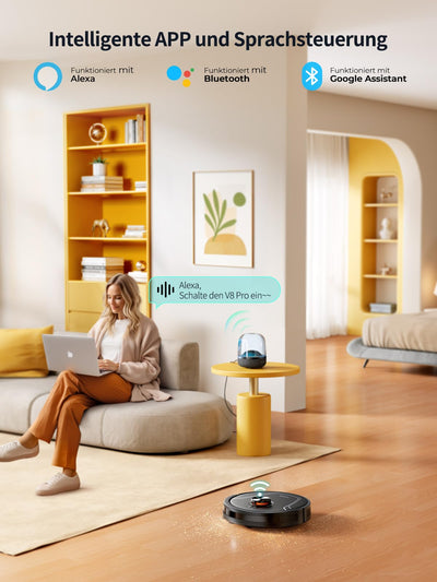 HONITURE Staubsauger Roboter,5000Pa Saugroboter mit Wischfunktion,Karten speichern und bearbeiten,3-in-1-Roboterstaubsauger,APP-Sprachsteuerung,ideal für Hartböden und Teppiche mit Tierhaaren-V8 Pro
