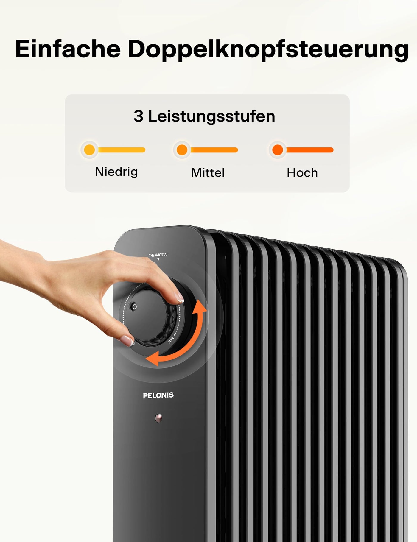PELONIS 2500W Ölradiator Energiesparend, 13 Rippen Elektroheizung, Mobile Elektro Heizkörper mit Thermostat, 3 Heizstufen und Überhitzungsschutz, Radiator Heizung Elektrisch, Schwarz