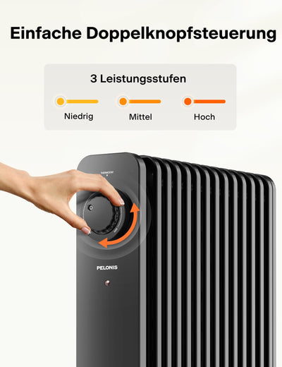 PELONIS 2500W Ölradiator Energiesparend, 13 Rippen Elektroheizung, Mobile Elektro Heizkörper mit Thermostat, 3 Heizstufen und Überhitzungsschutz, Radiator Heizung Elektrisch, Schwarz