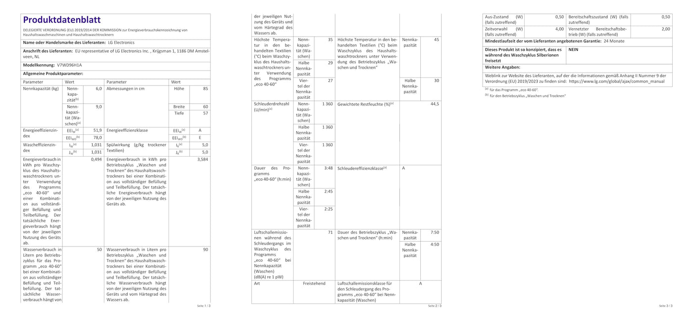LG Electronics V7WD96H1A Waschtrockner mit AI DD | 9 kg Waschen | 6 kg Trocknen | 1400 U/Min | Steam | TurboWash 360° | Neue Wohlfühl-Trommel | Wi-Fi-Funktion | Weiß
