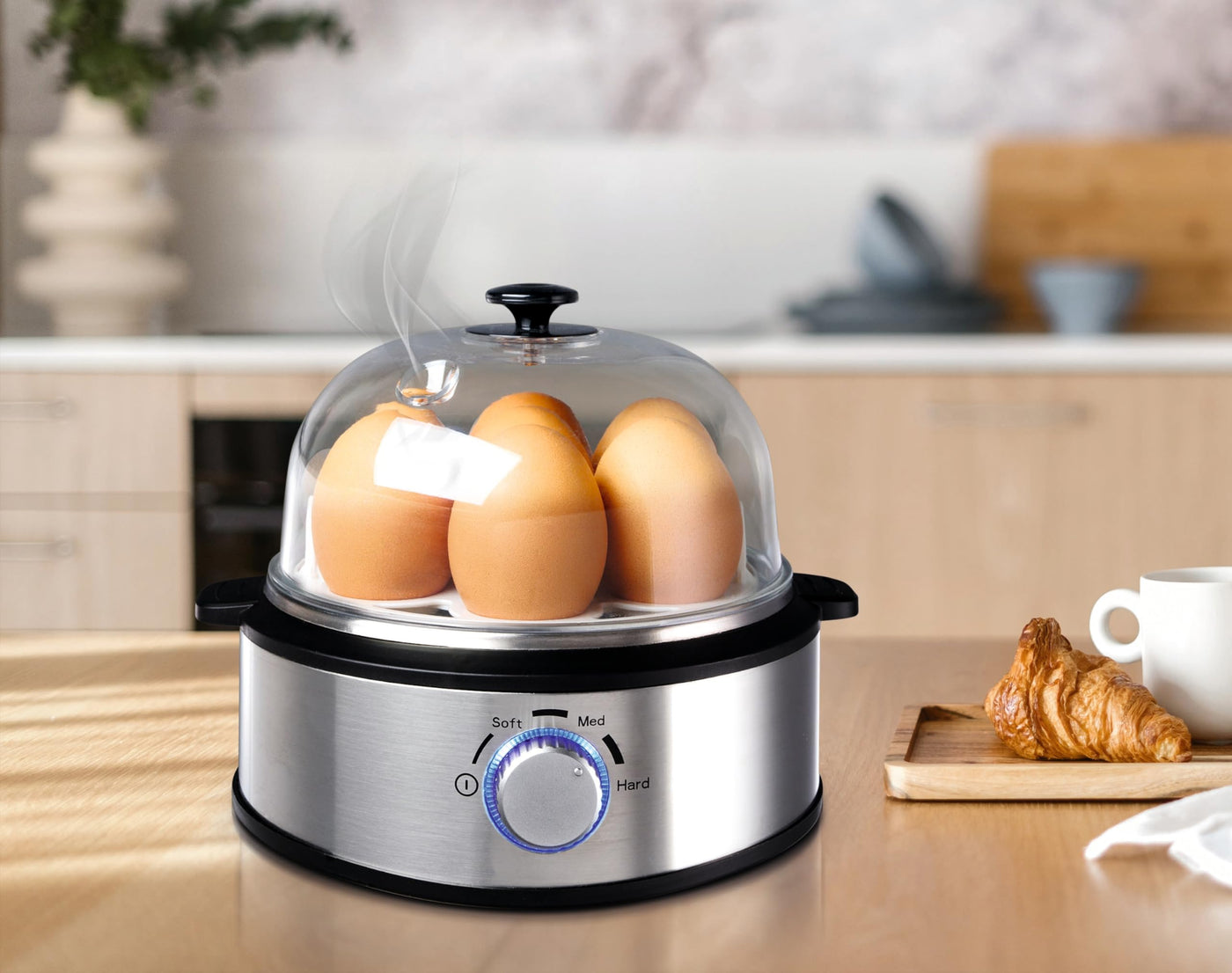 Linsar - Eierkocher Edelstahl für 1 bis 7 Eier - Egg Cooker - 420 W - Härtegradeinstellung - spülmaschinengeeignet, Kabelaufwicklung, Eierstecher