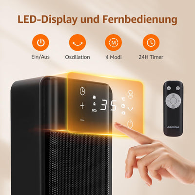 Aigostar Energiesparend Heizlüfter mit Thermostat Heizung, 2000W PTC Keramik Heizlüfter mit Fernbedienung, 70° Oszillation, 4 Modi, 24H Timer, LED-Anzeige, Überhitzungs- & Kippschutz, Schwarz