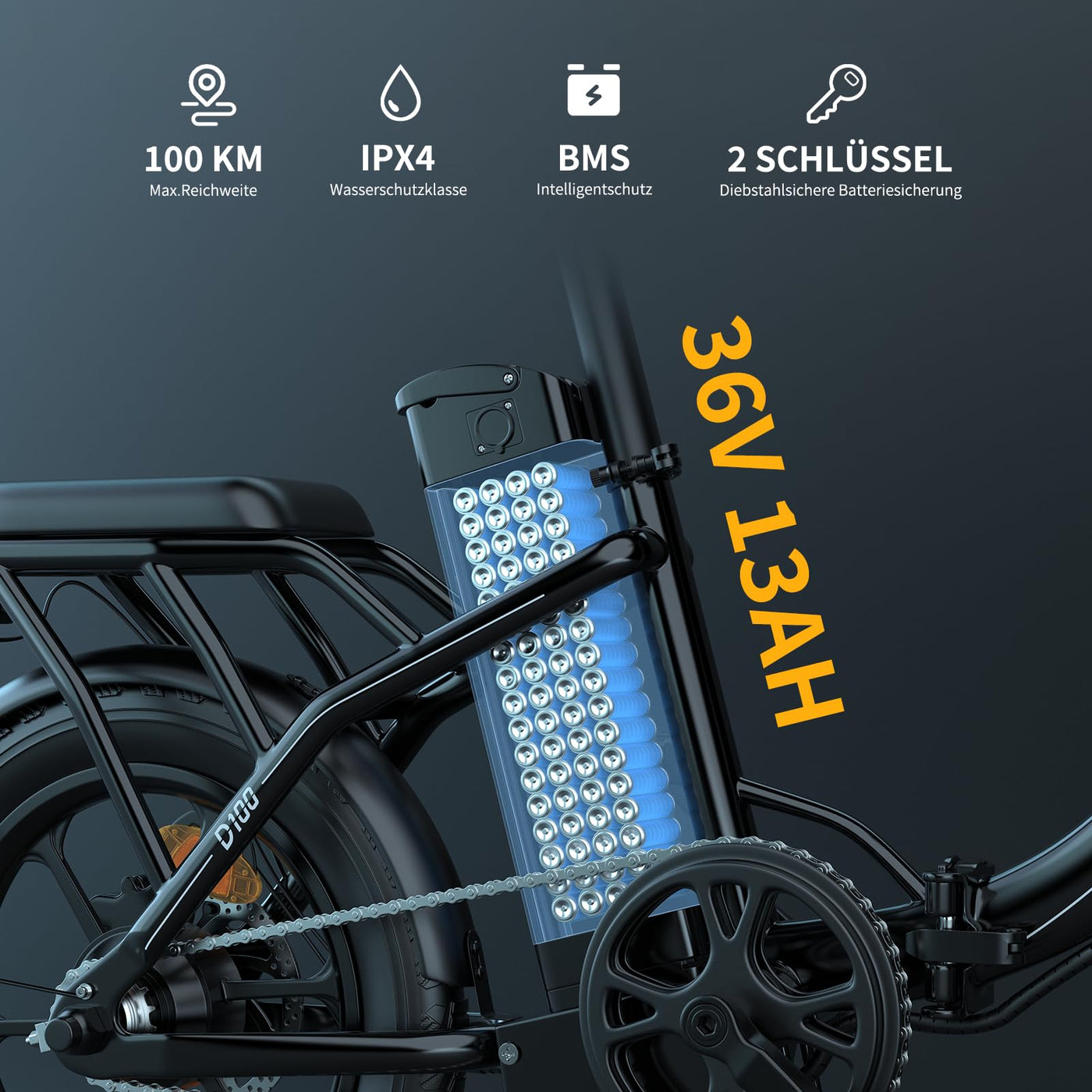 ESKUTE D100 E-Bike Klapprad 16 x 2,5 Zoll, Elektrofahrrad für Herren & Damen, Fatbike mit Abnehmbarem 36V 13Ah Akku, Lange Reichweite bis 100 km, Faltbares Pedelec für Erwachsene, Schwarz