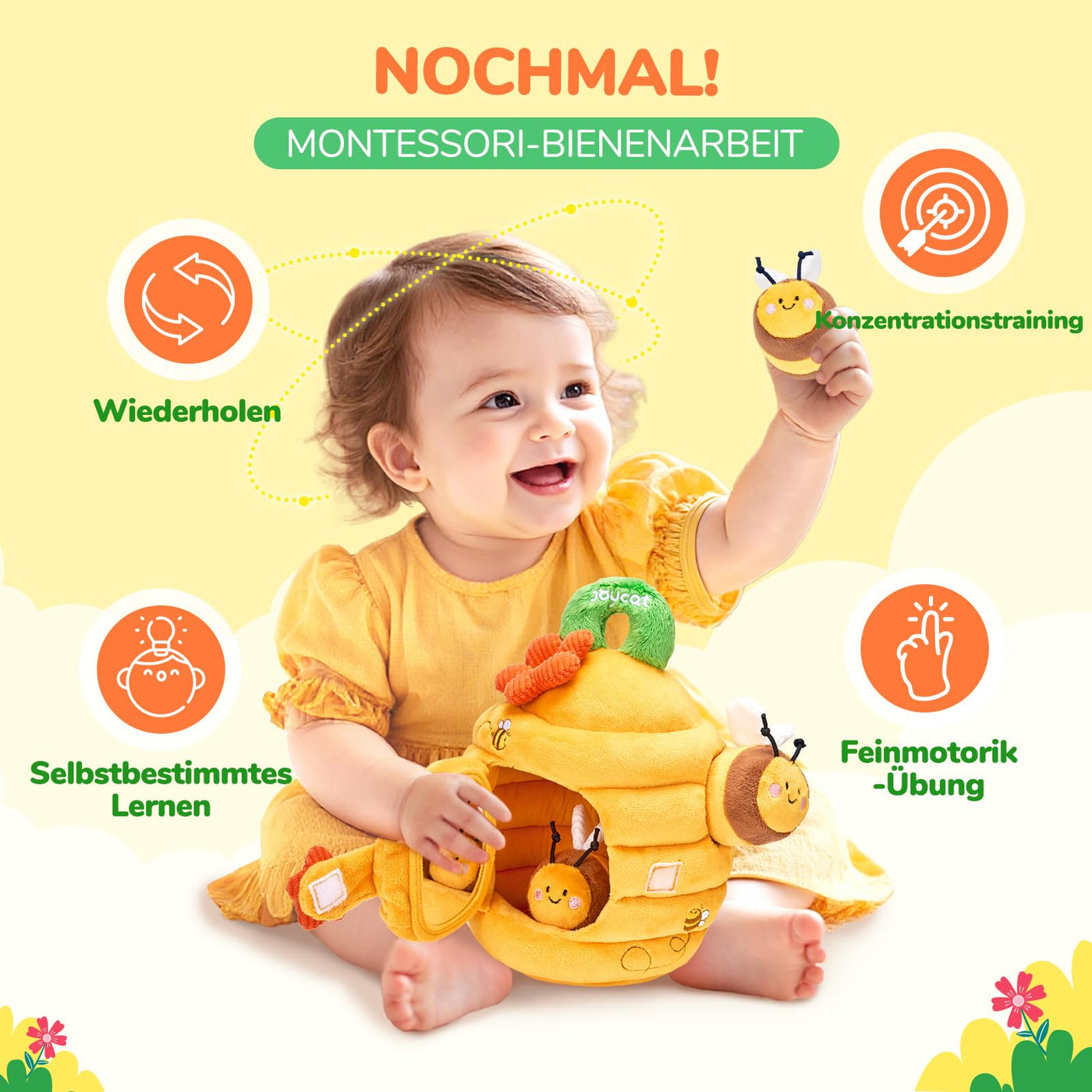 JoyCat Baby Spielzeug 6 Monate, Baby Bienenstock mit 5 Bienen, Rassel, Spiegel, Montessori Spielzeug ab 6 8 9 12 Monate, Motorikspielzeug Sensorik Spielzeug Geschenk für Jungen Mädchen