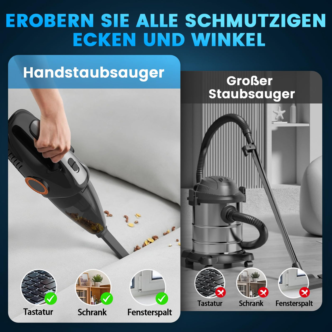 NHOWIN Handstaubsauger Kabellos, 9500Pa Starke Saugkraft Handstaubsauger Akku 6000mAh Lange Akkulaufzeit Handstaubsauger Auto Staubsauger Mini Staubsauger mit 2 Filtern für Haus, Auto, Tierhaare