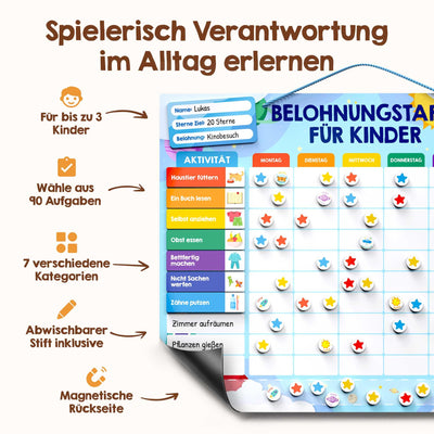 Belohnungstafel für Kinder - [100 Aufgaben + 350 Magnete] - Belohnungssystem für Verantwortung - Family Plan, Montessori Magnettafel, Wochenplaner, Adhs Hilfsmittel - inkl. Tasche, Stift (Safari)