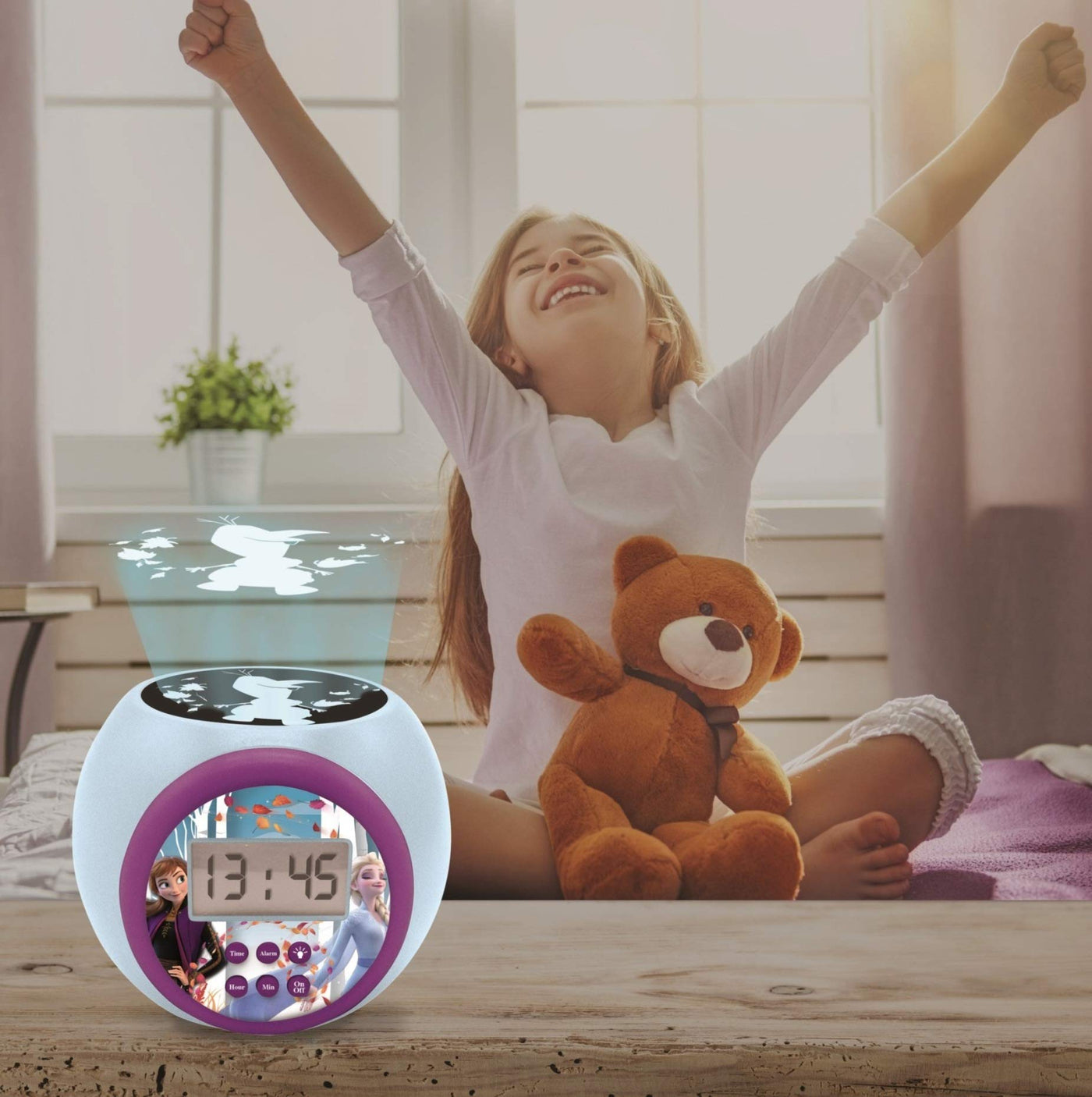 Lexibook RL977FZ Frozen 2 Anna and ELSA Projector Alarm Clock Disney with Snooze Function and Alarm Function, Night Light with Timer, LCD Screen, Battery Operated, Blue/Purple, Multicoloured