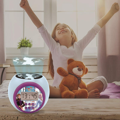 Lexibook RL977FZ Frozen 2 Anna and ELSA Projector Alarm Clock Disney with Snooze Function and Alarm Function, Night Light with Timer, LCD Screen, Battery Operated, Blue/Purple, Multicoloured