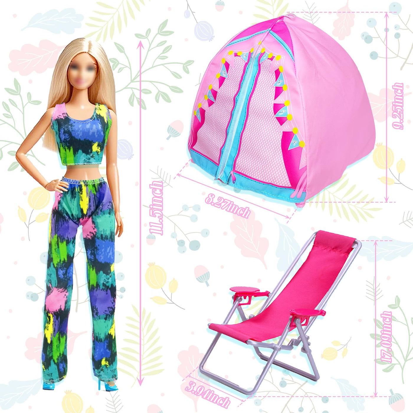 43 Kleidung Camping Sets Kompatibel mit Barbie 11.5inch Puppe, 1 Zelt 1 Liegestuhl 4 Oberteile 4 Hosen 1 Rock 1 Fernglas 1 Reisegepäck 24 Zubehör 6 Schuhe für 11,5 Zoll Puppe Mädchen Geschenk Zufällig