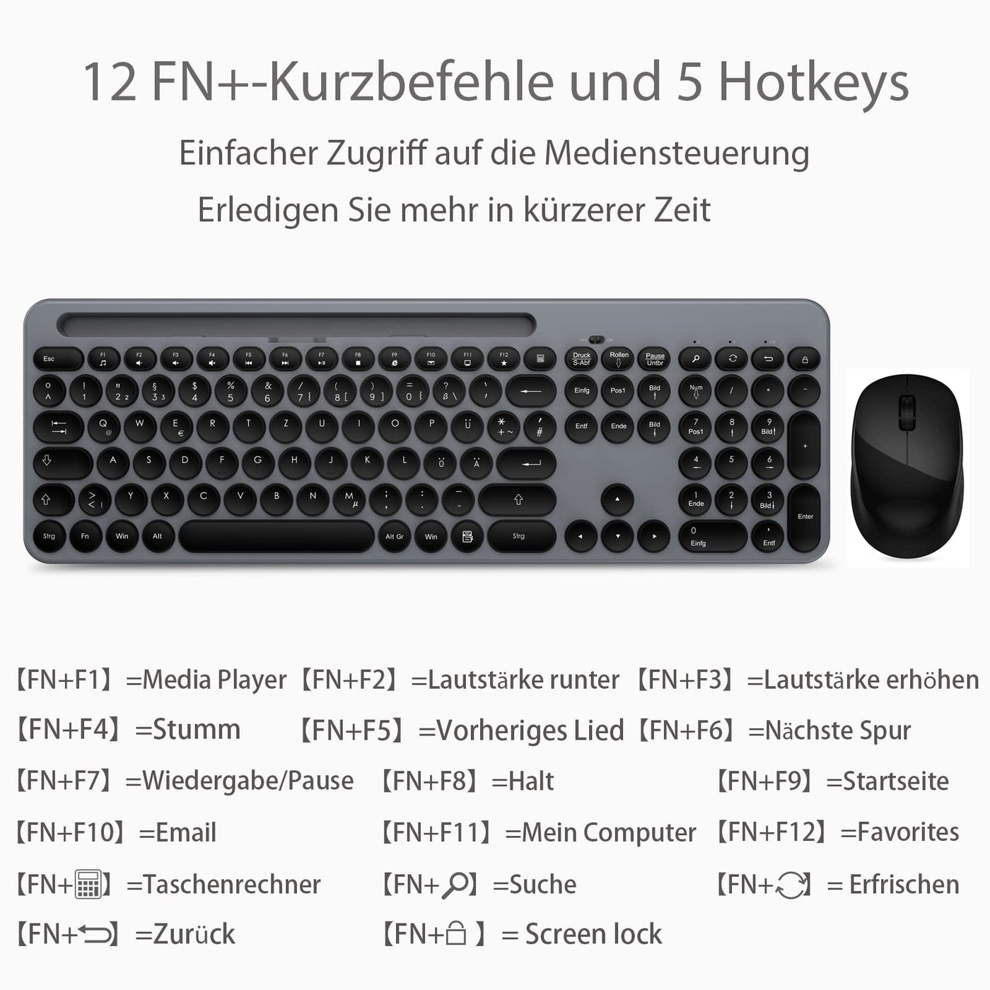 LeadsaiL Tastatur Maus Sets Kabellos,Ergonomische Maus und Tastatur,Funk PC Tastatur und Maus in Standardgröße,Deutsch QWERTZ-Layout, Leise-Klick-Taste,12 FN-Tasten Für Windows Computer, macOS, Laptop