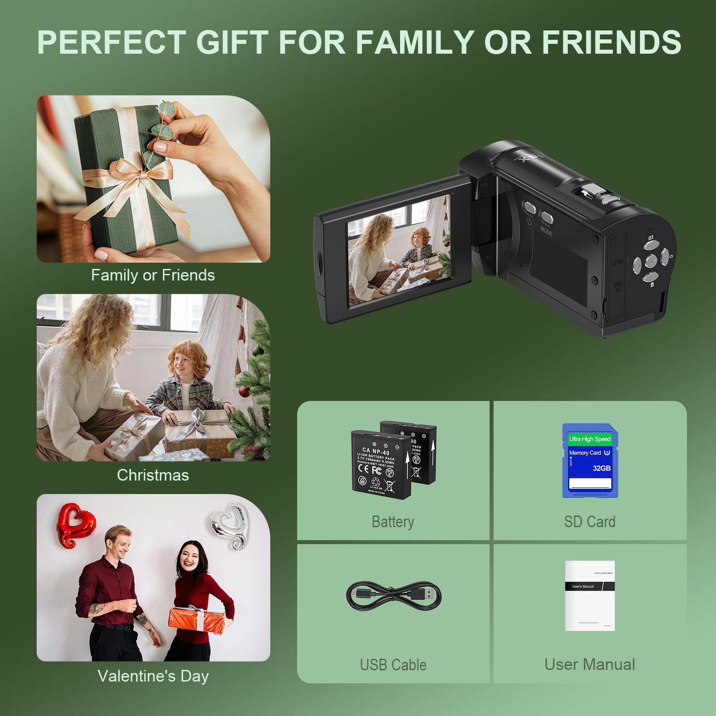 Videokamera 2.7K Camcorder 56MP 16X Digitalzoom Vlogging Camera mit LED-Fülllicht für YouTube, 2.8" LCD Bildschirm Camcorder mit 32 GB SD-Karte, 2 Batterien