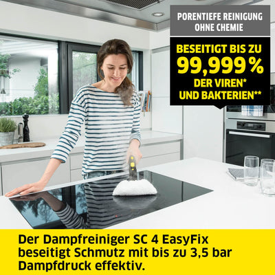 Kärcher Dampfreiniger SC 4 EasyFix, Dampfdruck: 3,5 bar, Aufheizzeit: 4 min., Leistung: 2.000 W, Flächenleistung: 100 m², 2-Tank-System: 0,5 l + 0,8 l, mit Bodenreinigungsset , Düsen und Bezüge