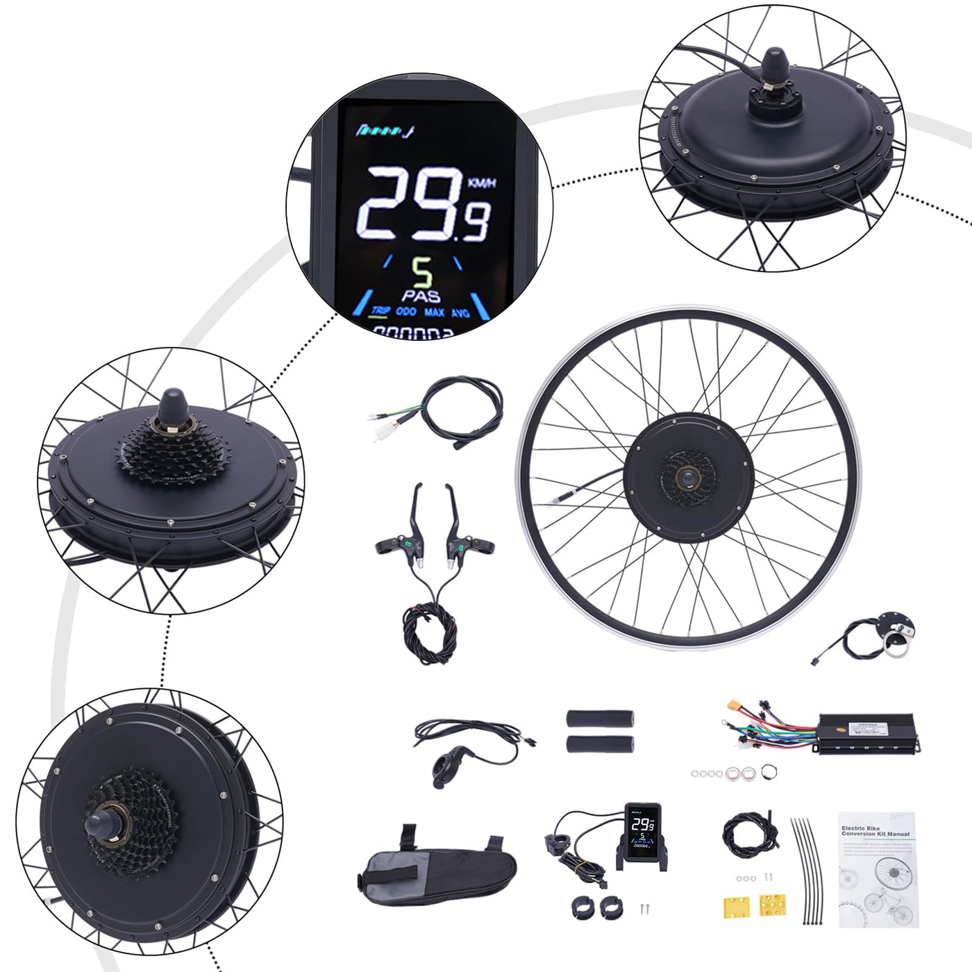 SABUIDDS 28" & 29" E-Bike Umbausatz 1000 Watt Fahrrad Motor Kit Elektro Hinterrads Brushless Nabenmotor Kits Electric Bike Conversion Kit mit LCD Display (für HL Plus 48V 13Ah Akku)