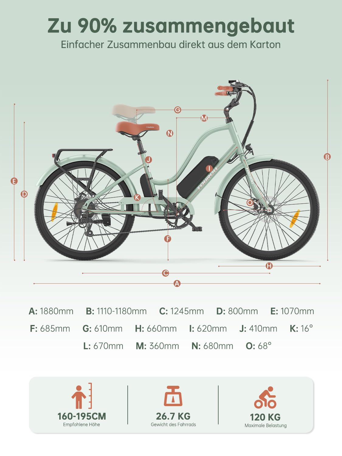 Touroll B2 26 Zoll City E-Bike mit 250W 50N.M Motor und 36V 561.6Wh Abnehmbarem Akku Pedelec Cityräder Elektrofahrrad, 25KM/H, Reichweite 100km, Ebikes für Erwachsene Herren und Damen Stadtpendler