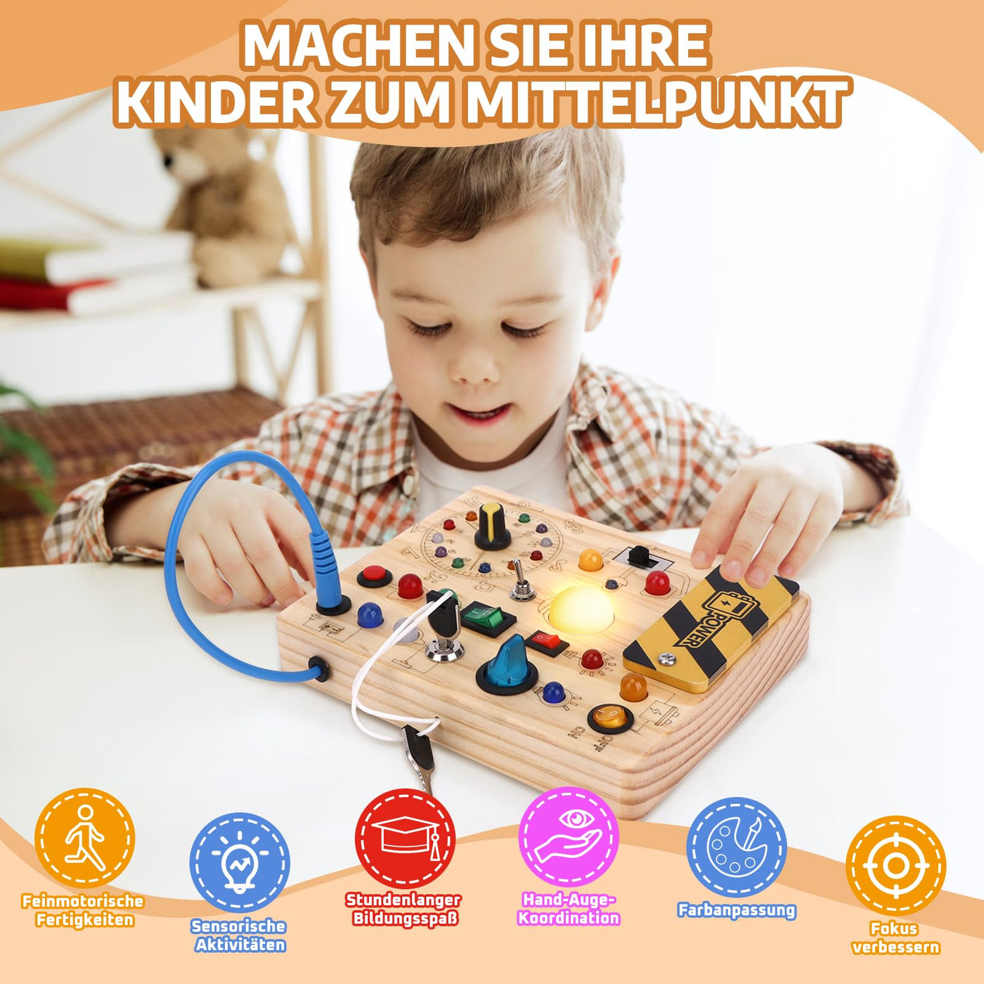 Busy Board Montessori Spielzeug Activity Board Sensorik Spielzeug Mit 10 Schaltern und 23 LED Lichtern Holzspielzeug Motorikspielzeug für Babys und Kinder ab 1 2 3 4 Jahre Jungen und Mädchen