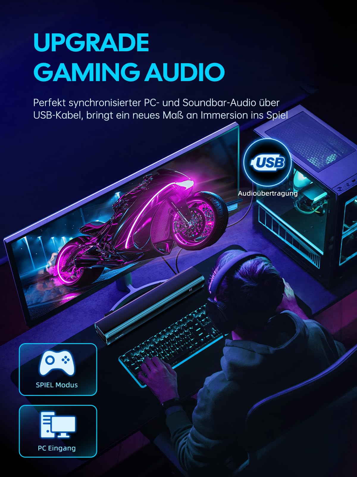MEVOSTO Soundbar für TV Geräte PC Gaming Soundbar 60W Mini 2.1CH Integrierte Subwoofer BT5.4 Lautsprecher Computer mit USB Digital Audio/Optisch/AUX Voice Enhance 3 EQ Kompatibel Spielkonsolen-40cm