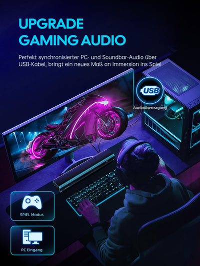 MEVOSTO Soundbar für TV Geräte PC Gaming Soundbar 60W Mini 2.1CH Integrierte Subwoofer BT5.4 Lautsprecher Computer mit USB Digital Audio/Optisch/AUX Voice Enhance 3 EQ Kompatibel Spielkonsolen-40cm