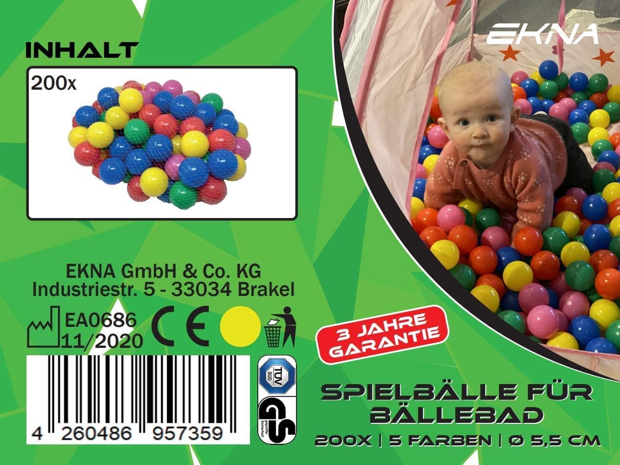EKNA Spielbälle Ø 5,5cm - Bällebad Bälle 200 Stück - Bunte Auswahl für Bällebad-Pool - Plastikbälle Baby-Bälle Farben Hellgrün Hellblau Gelb Rosa Weiß Lila