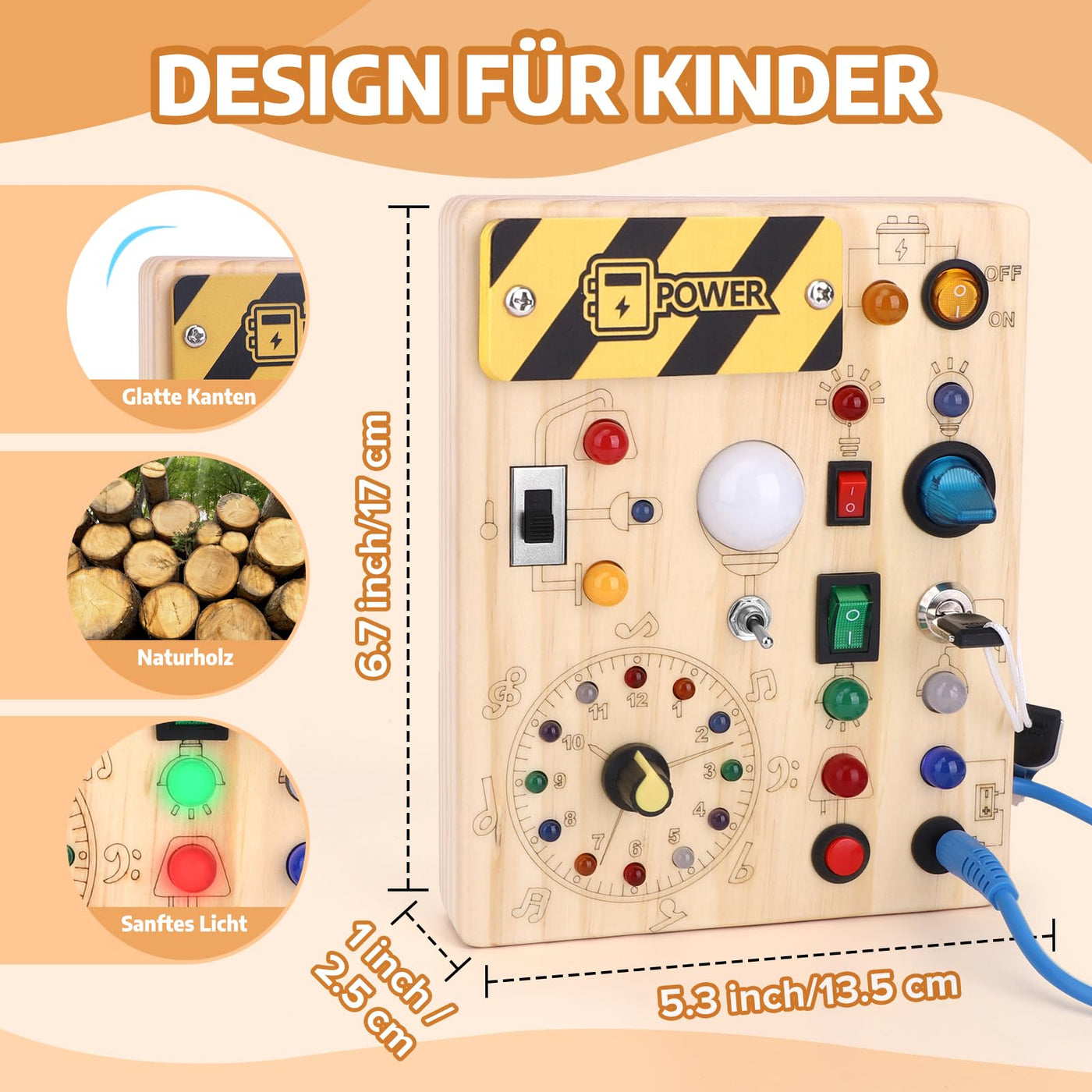 Busy Board Montessori Spielzeug Activity Board Sensorik Spielzeug Mit 10 Schaltern und 23 LED Lichtern Holzspielzeug Motorikspielzeug für Babys und Kinder ab 1 2 3 4 Jahre Jungen und Mädchen