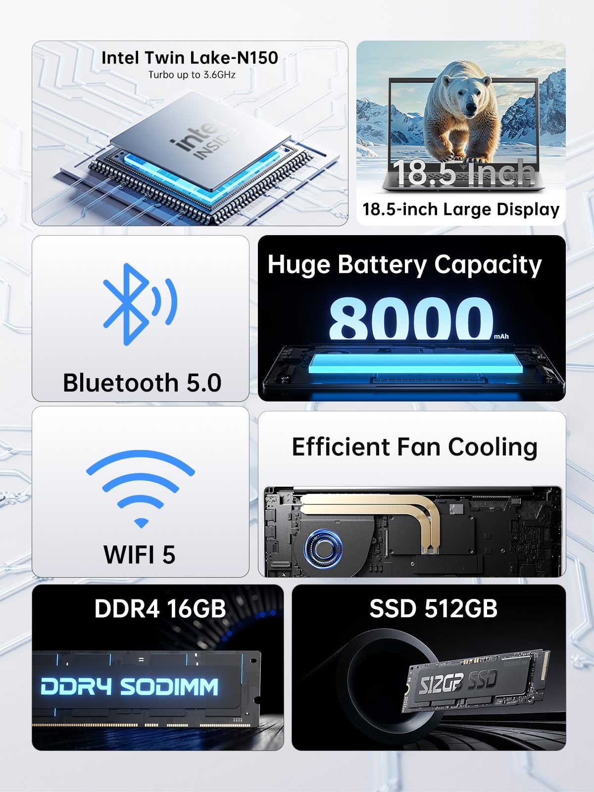 ACEMAGIC 18,5 Zoll Laptop,Twin Lake N150 (bis zu 3,6 GHz),8000mAh,16 GB DDR4 512 GB SSD bis zu 2 TB, 1920 x 1080 IPS Full HD Laptop, BT5.0, HDMI, Typ-C, 180° Öffnen und Schließen