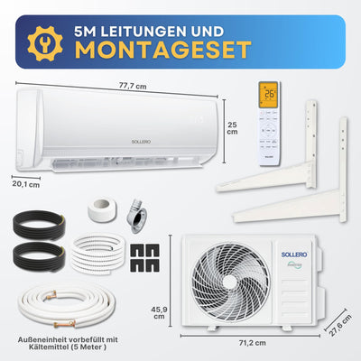 Sollero Split Klimaanlage 12000 BTU 3,5 kW, Selbstreinigung, leise, Smart Home, Inverter Klimaanlage mit Heizfunktion, R32 Kältemittel, Timer, bis 59 m²
