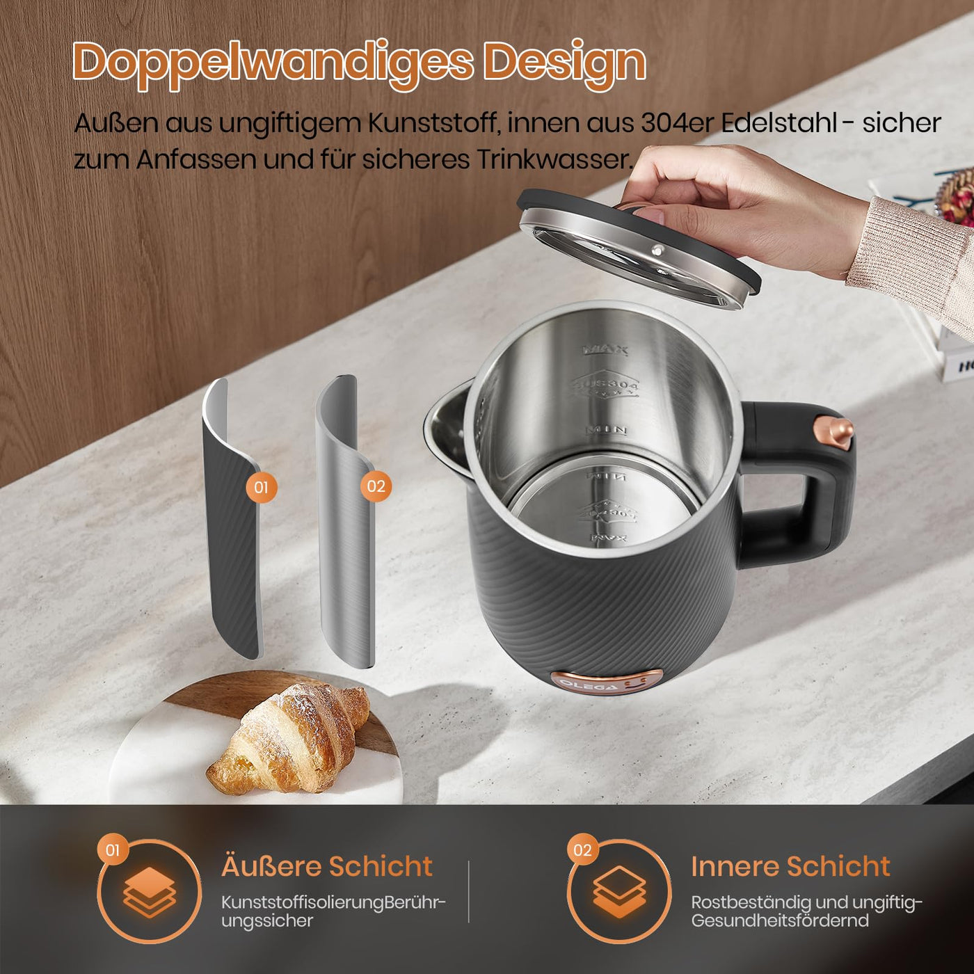 OLEGA Wasserkocher - 1800W Schnellaufheizender Elektrischer Teekessel BPA-freier 304 Edelstahl Elektrischer Wasserkocher mit Automatischer Abschaltung und Trockengehschutz Perfekt für die Familie 1.8L