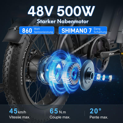 Fafrees FF20 Polar E-Bike Klapprad 20 * 4.0 Zoll, 500W 45km/h ebike Herren Doppelbatterien 24Ah/26.8Ah, Fatbike Damen Reichweite 150km/170km, E-Fahrrad Lagergewicht 150KG (24Ah Batterie, Schwarz)