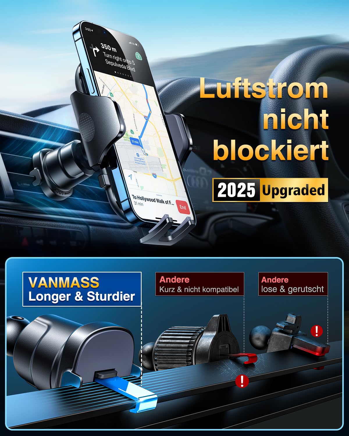 VANMASS 2025【Militär-Klasse 】Handyhalterung Auto Upgrade【Stärkste Saugnapf & Lüftungshaken】4 in 1 Handy Halterung Auto 360° Drehbar Handyhalter Auto auf Armaturenbrett Scheibe für iPhone Samsung usw