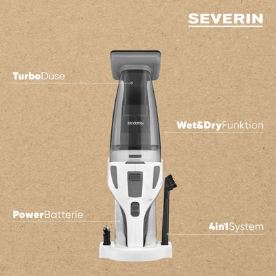 SEVERIN 4-in-1 Akku-Handstaubsauger, kabelloser Nass- & Trockensauger für Autositze, Handsauger für Tierhaare & Flüssigkeiten, bis zu 30 Min Laufzeit, weiß-grau/rot, HV 7146