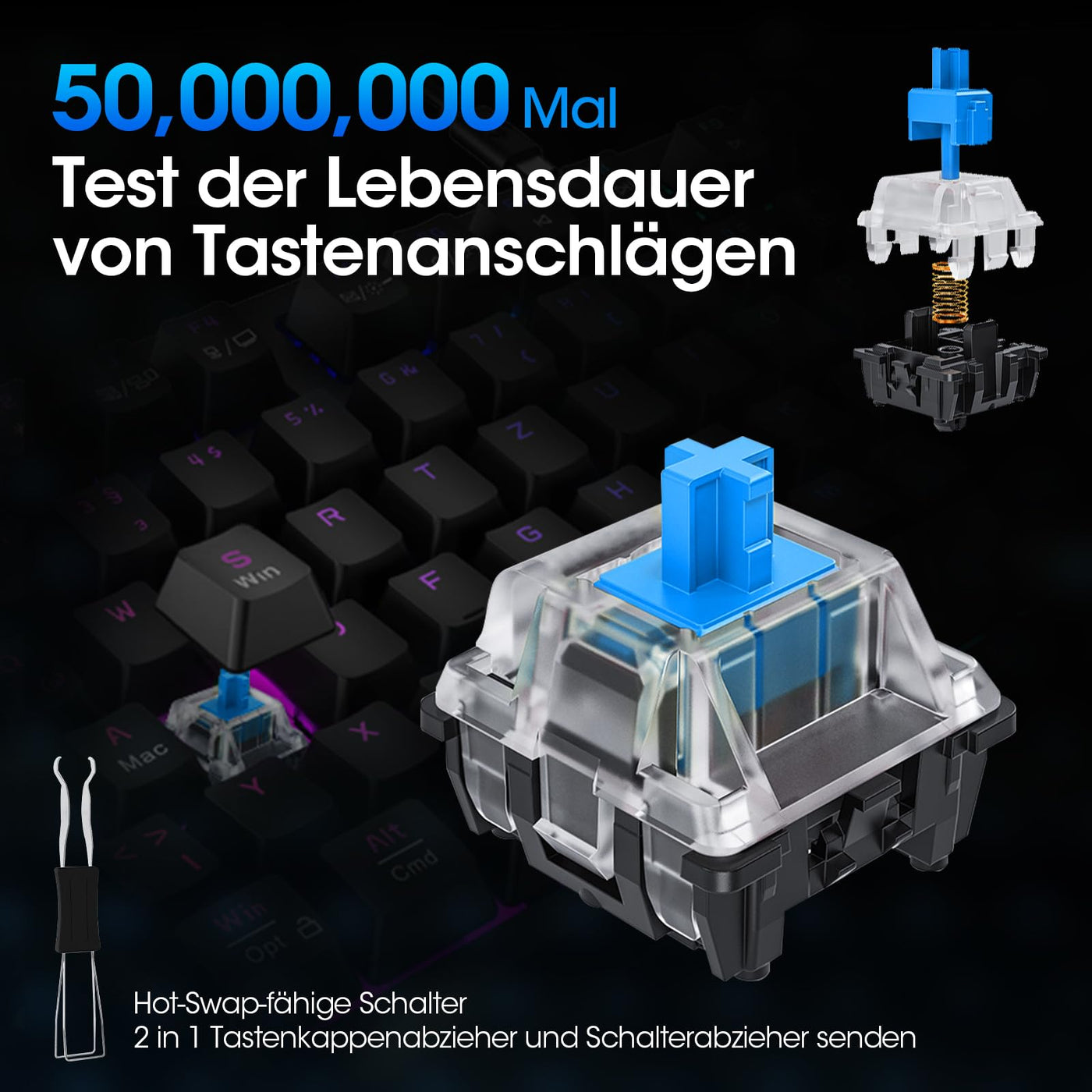 KOORUI Gaming Tastatur, Mechanisch Tastatur QWERTZ Deutsches Layout 104 Tasten 26 RGB Hinterleuchtet Kabelgebunden Gaming Keyboard für Windows MacOS Linux-Blauer Schalter