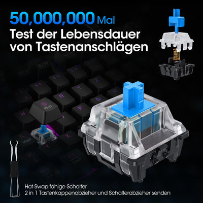 KOORUI Gaming Tastatur, Mechanisch Tastatur QWERTZ Deutsches Layout 104 Tasten 26 RGB Hinterleuchtet Kabelgebunden Gaming Keyboard für Windows MacOS Linux-Blauer Schalter