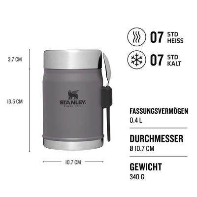 Stanley Classic Legendary Thermobehälter für Essen mit Göffel 400 ml - Hält 7 Stunden Heiß oder Kalt - Edelstahl Warmhaltebehälter Essen - BPA-Frei - Spülmaschinenfest - Charcoal