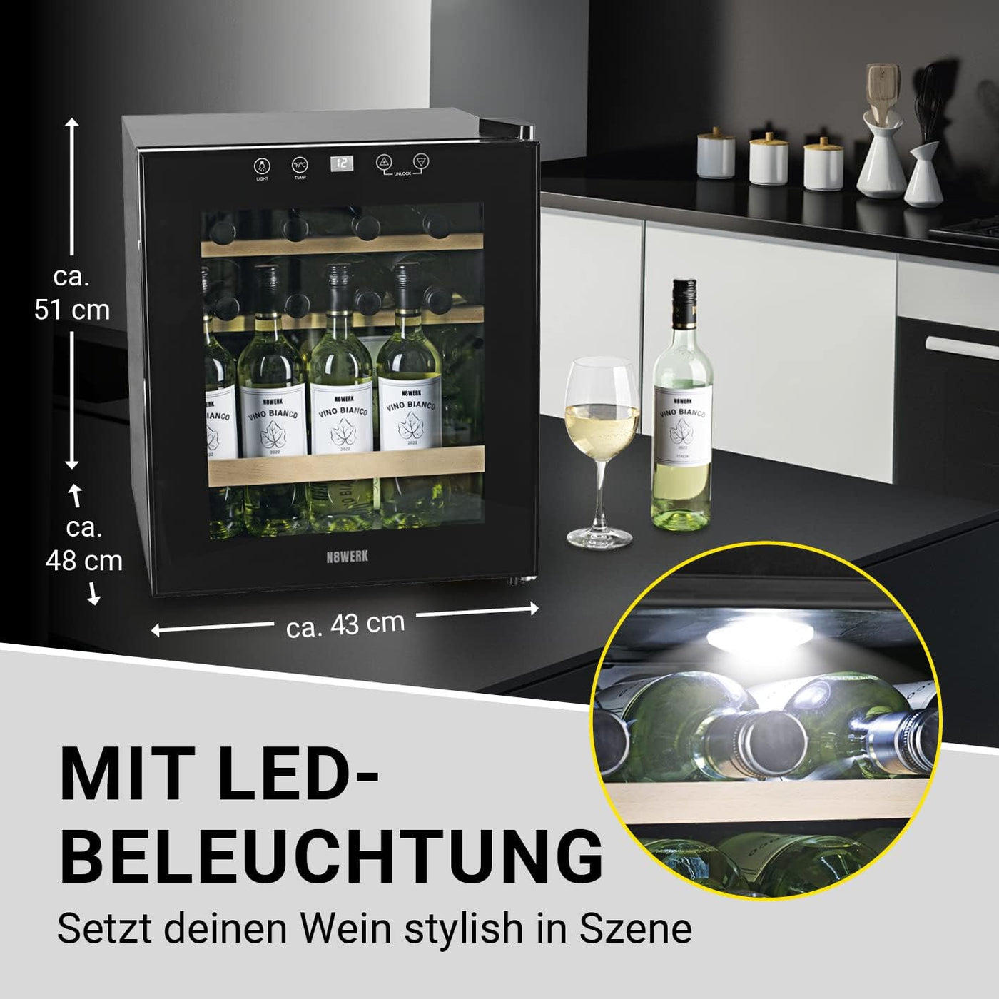 N8WERK Weinkühlschrank für bis zu 15 Flaschen Wein | Leise Kompressortechnologie, freistehend, Temperaturbereich 4 °C - 18 °C, Thermoverglasung | LC-Display, LED-Beleuchtung