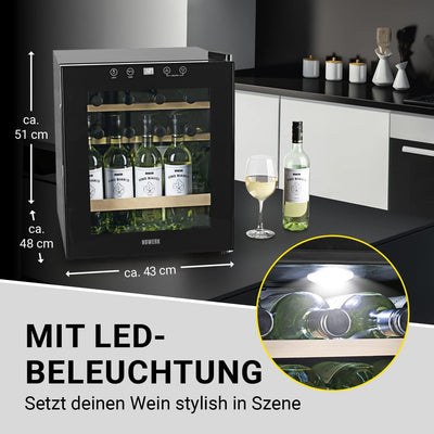 N8WERK Weinkühlschrank für bis zu 15 Flaschen Wein | Leise Kompressortechnologie, freistehend, Temperaturbereich 4 °C - 18 °C, Thermoverglasung | LC-Display, LED-Beleuchtung