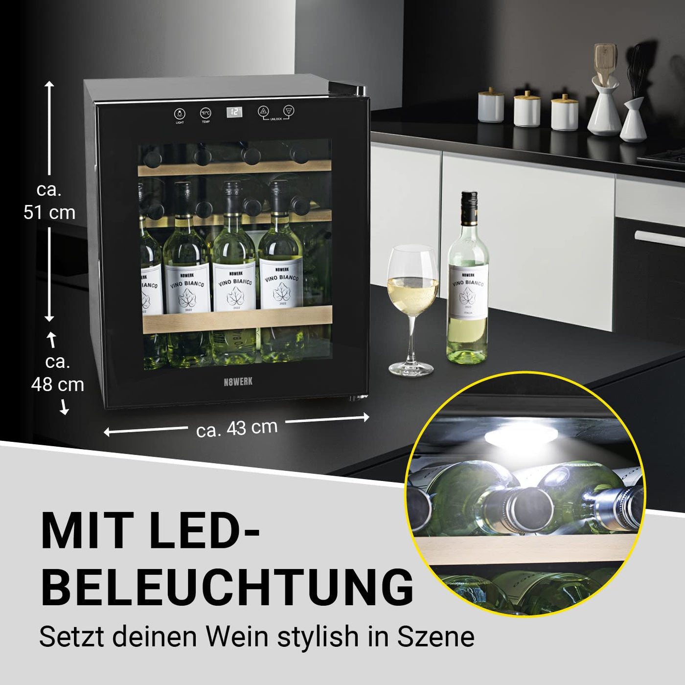 N8WERK Weinkühlschrank für bis zu 15 Flaschen Wein | Leise Kompressortechnologie, freistehend, Temperaturbereich 4 °C - 18 °C, Thermoverglasung | LC-Display, LED-Beleuchtung