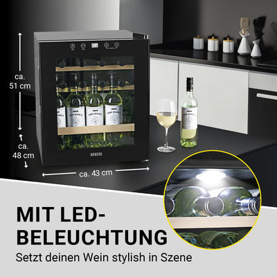 N8WERK Weinkühlschrank für bis zu 15 Flaschen Wein | Leise Kompressortechnologie, freistehend, Temperaturbereich 4 °C - 18 °C, Thermoverglasung | LC-Display, LED-Beleuchtung