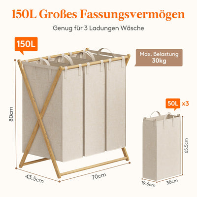Lifewit 3 Fächer Faltbare 150L Wäschekorb Großer Bambus Frame Wäschesammler Wäschesack Faltbare Schmutzige Kleidung Sorter mit 3 Abnehmbaren Taschen，Wäschesortierer Bambus Beige