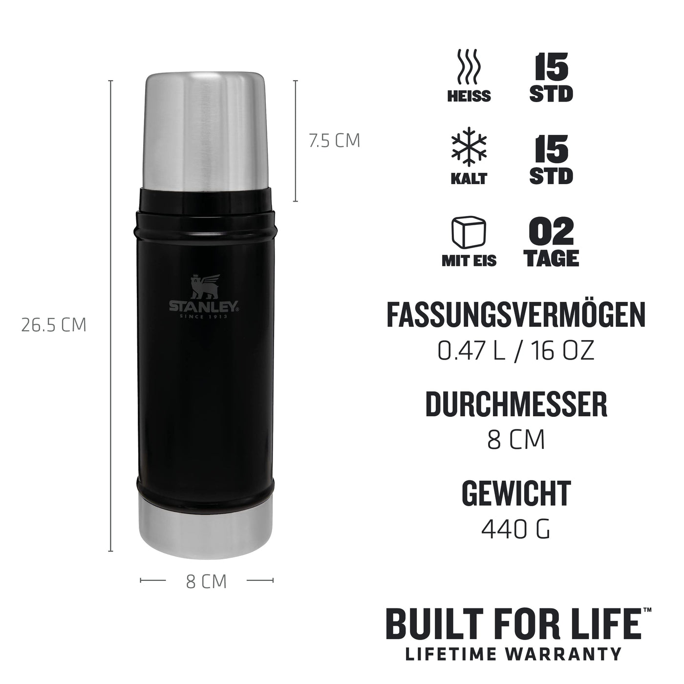 Stanley Classic Legendary Thermosflasche 473 ml - Thermos Hält 15 Stunden Heiß oder Kalt - Edelstahl Thermoskanne - BPA-Frei - Spülmaschinenfest - Matte Black