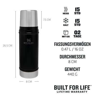 Stanley Classic Legendary Thermosflasche 473 ml - Thermos Hält 15 Stunden Heiß oder Kalt - Edelstahl Thermoskanne - BPA-Frei - Spülmaschinenfest - Matte Black