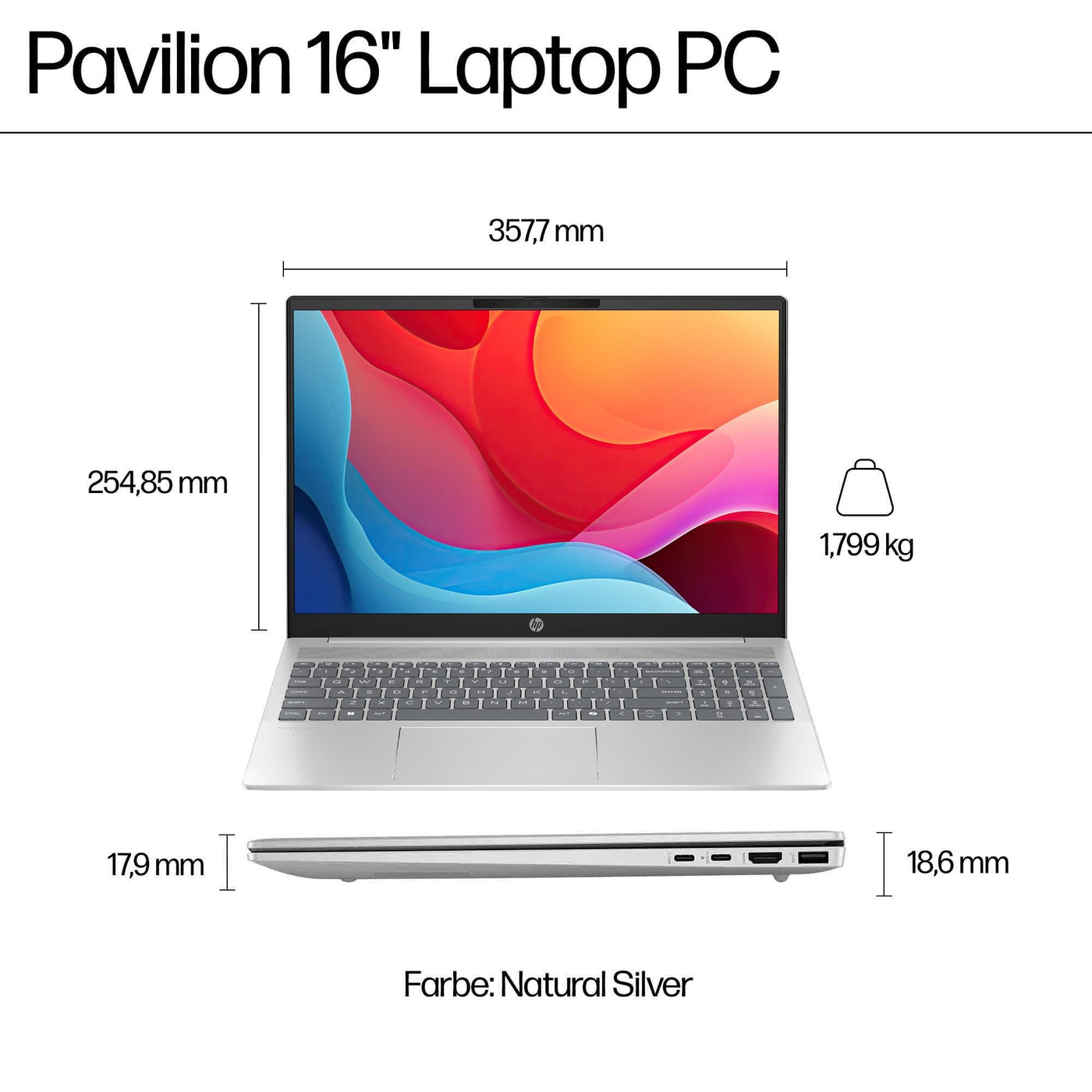 HP Pavilion Laptop, 16" WUXGA Touch-Display, AMD Ryzen 5 8540U, 8 GB DDR5 RAM, 512 GB PCIe NVMe SSD, AMD Radeon Graphics, QWERTZ, Windows 11 Home, Silber