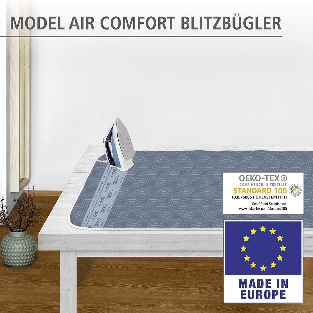 WENKO Bügeldecke Air Comfort Blitzbügler, Blitzbüglerzone, 5-lagige Komfort-Polsterung, Hitzereflektion & Dampfsperre, 130 x 65 cm