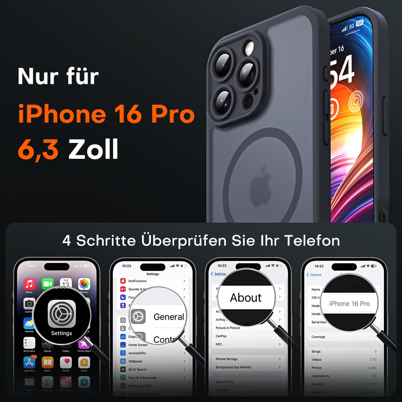 TOCOL 3 in 1 für iPhone 16 Pro Hülle für Magsafe, mit 2 Schutzglas, Vollständiger Kameraschutz Stoßfest Kratzfest Magnetisch Handyhülle für iPhone 16 Pro Case, Schwarz