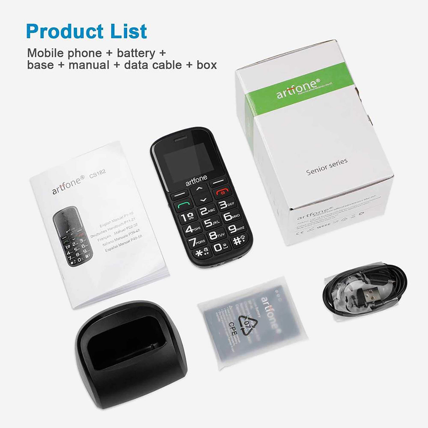 Artfone CS182 Handy für Senioren mit großen Tasten | Ladestation | SOS-Funktion | 1,77 Zoll Display | Dual-SIM | Schnellanruf | Taschenlampe | Lautes Radio | Lange Akkulaufzeit