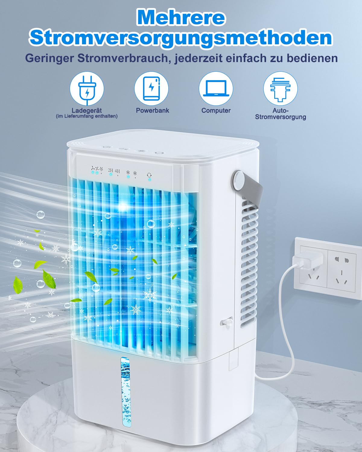RenFox Mobiler Klimaanlage 4 in 1 Energiesparender Mini Luftkühler mit großem wassertank (1200 ml), 3-Stufen Verdunstungskühlung, 7 Farb-LED, Timer und geräuscharm für Home Office und Schlafzimmer