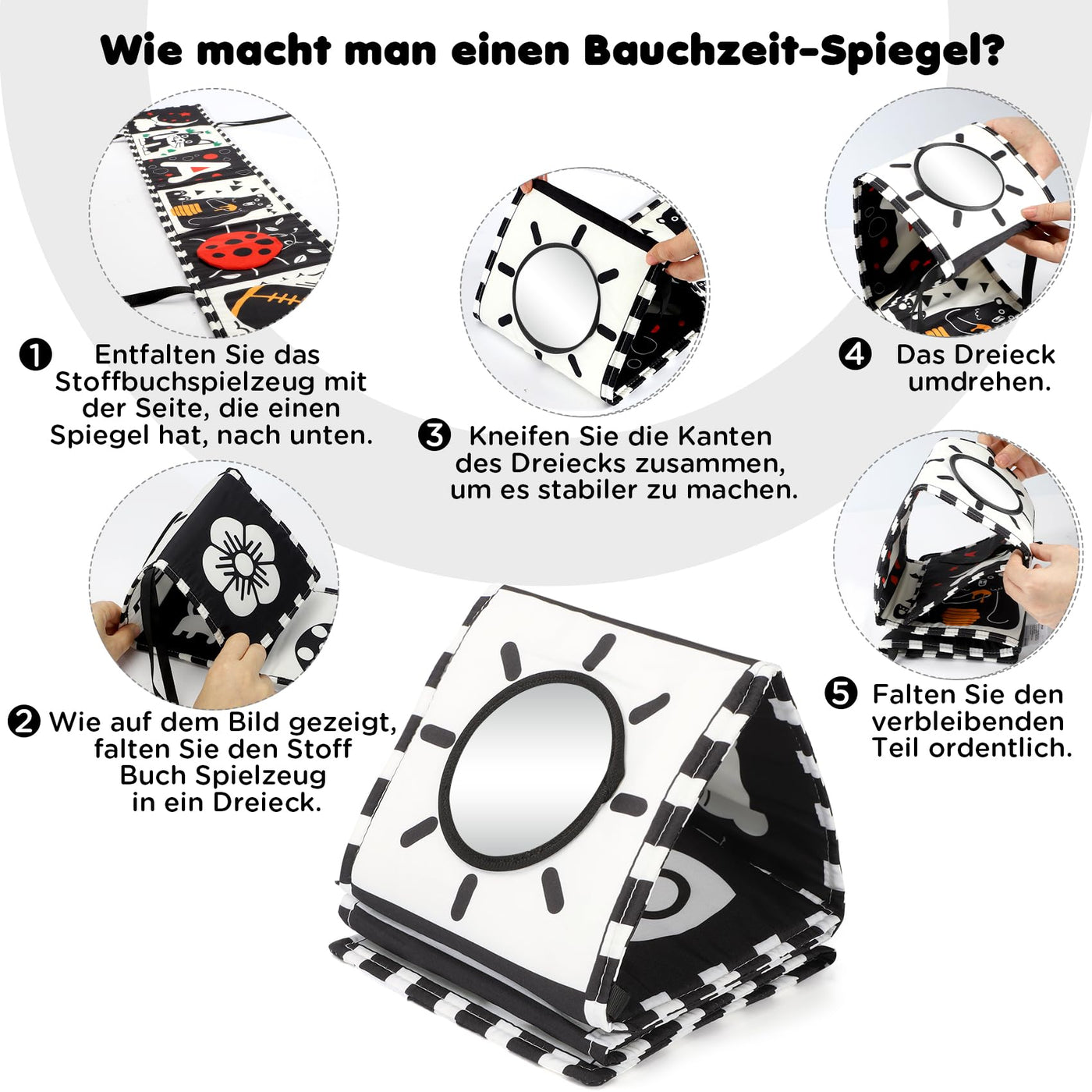 URMYWO Kontrastbuch Baby, Schwarz Weiß Doppelseitig Baby Stoffbuch, Soft Bilderbuch aus Stoff mit Spiegeln, Kinderwagen Kontrast Spielzeug Baby 0 3 6 Monate Geschenk für Babys