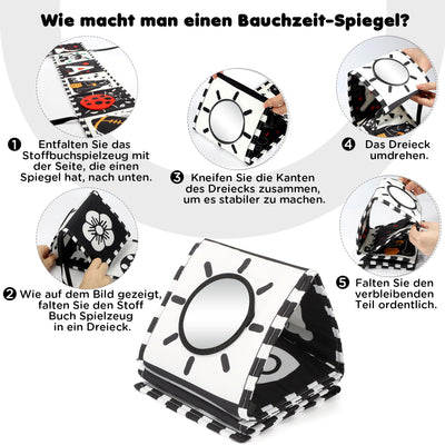 URMYWO Kontrastbuch Baby, Schwarz Weiß Doppelseitig Baby Stoffbuch, Soft Bilderbuch aus Stoff mit Spiegeln, Kinderwagen Kontrast Spielzeug Baby 0 3 6 Monate Geschenk für Babys