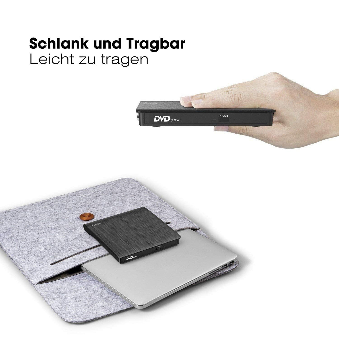 Pecosso Externe CD/DVD Laufwerk USB 3.0, Portable Slim ,RW Brenner für alle Laptops/Desktop; PC unter Windows 7/8/10 und Mac OS für Apple MacBook, MacBook Pro, MacbookAir, iMac(Schwarz)