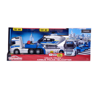 Majorette - Volvo Polizei-Transporter FH-16 (35 cm) – LKW mit Auflieger und Airbus Hubschrauber (25,5 Licht & Sound vielen Funktionen - Spielzeug-Set für Kinder ab 3 Jahren, 213716000, Einheitsgröße
